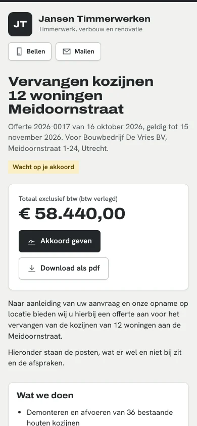 Het klantportaal op een telefoon: offerte 2026-0017 van Jansen Timmerwerken.