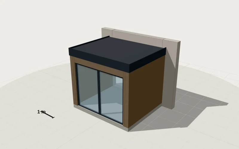 3D-model van een uitbouw met plat dak en schuifpui tegen de bestaande achtergevel.